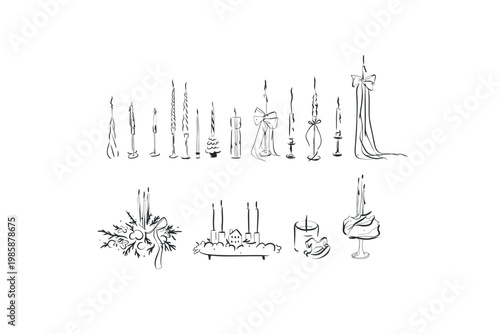 Hand drawn abstract vector graphic illustrations collection with line celebration decoration design set with candles.Trendy modern candles with bow sketch concept.Vector celebration sketch symbol.