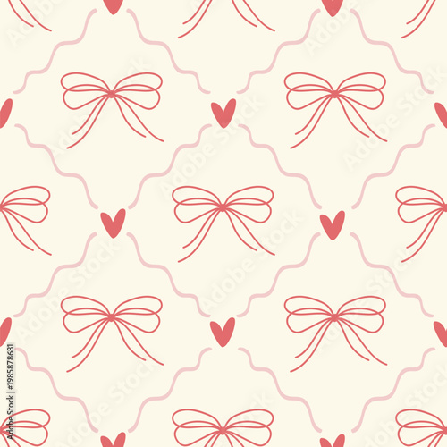 A seamless pattern with bows, hearts, and a flirty lattice. Perfect for textiles, wallpaper, wrapping paper, and romantic vintage-style decor.