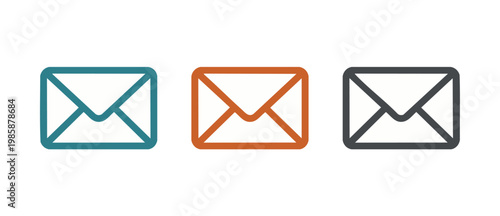 Email envelope icon set, flat line style communication signs, vector digital marketing symbols for UI interface, web design elements with teal orange and dark grey colors for business messaging apps.