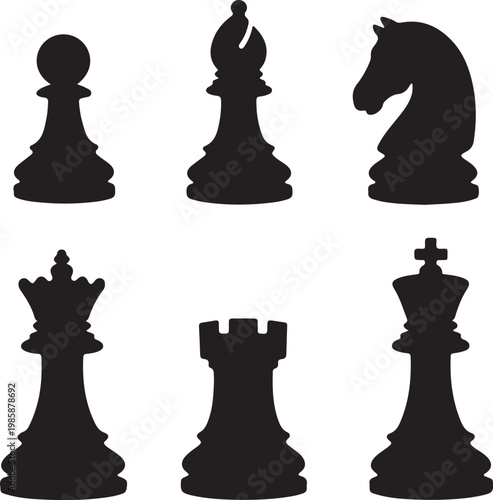 Black silhouette chess pieces including king, queen, bishop, knight, rook, and pawn, vector illustration