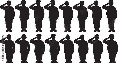 Military Soldiers Saluting Silhouette Row - United States Army Vector Illustration