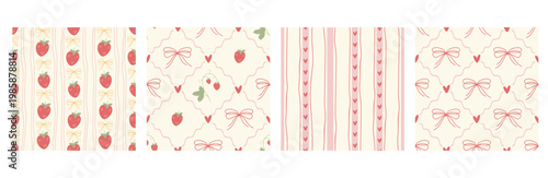 A collection of hand-drawn seamless patterns featuring strawberries, bows, and latticework. . Perfect for textiles, wallpaper, wrapping paper, and romantic vintage decor.