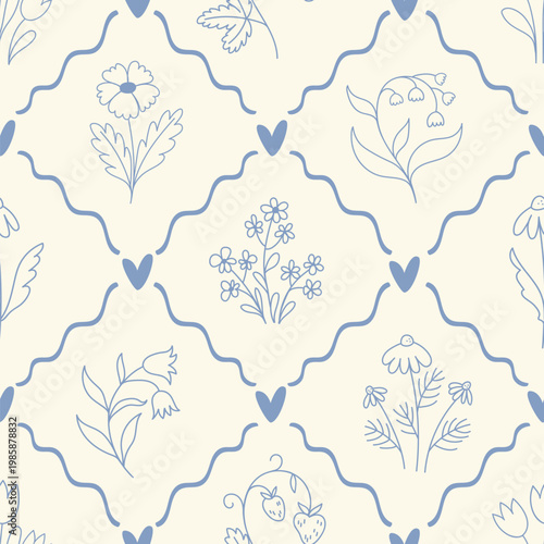 A seamless pattern with sketchy blue flowers and a playful lattice pattern. Perfect for textiles, wallpaper, wrapping paper, and romantic vintage-inspired decor.