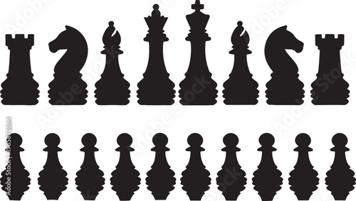 Black Chess Pieces Silhouette Set, King, Queen, Rook, Knight, Bishop and Pawns, Flat Design Vector Illustration