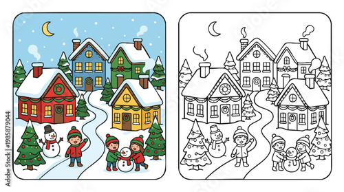 Christmas Winter Landscape Coloring Book Page for Children Festive Activity
