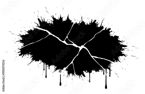 Cracked surface hole and shattered glass shape in messy ink splatter style