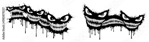 Billede på lærred Grinning monster faces with sharp teeth in messy ink splatter style