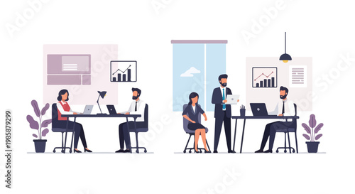 This minimalist vector illustration depicts diverse professionals collaborating and working on laptops within a modern, organized office space.