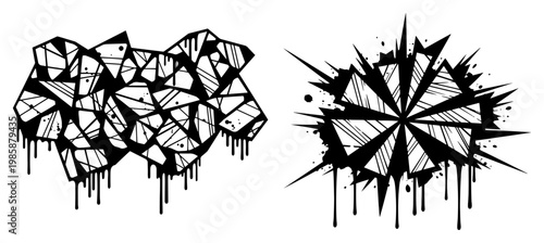 Geometric shards and circular starburst in ink splatter drip style