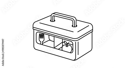 Simple line art illustration of a bento box with compartments for food, featuring a fork and an apple, perfect for healthy eating and meal prep