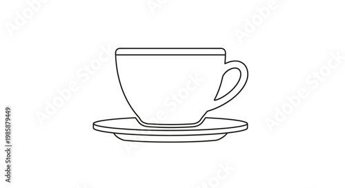 Elegant and minimalist vector line art illustration of a classic teacup on a saucer, perfect as a graphic design element or icon for beverage-related content and menus