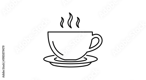 A simple line art illustration of a steaming coffee cup and saucer, perfect for cafes, restaurants, and breakfast menus