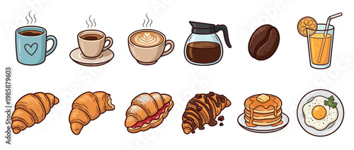 Delicious breakfast food and drink items including coffee, croissants, pancakes, and orange juice, perfect for morning meals.
