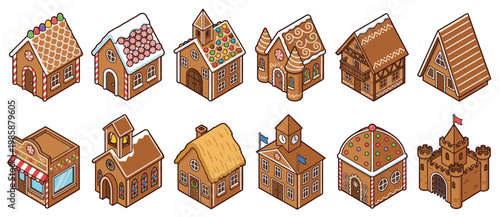 Collection of various isometric gingerbread houses decorated with icing and candies, representing different architectural styles for festive holiday designs.