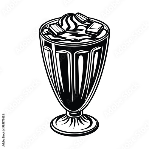 Black milkshake, ice cream sundae, dessert drink, vector illustration