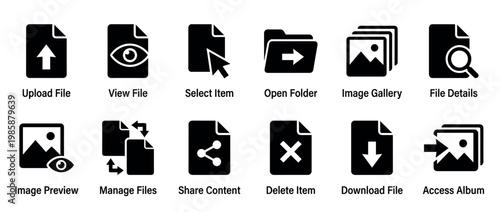 Collection of black glyph icons representing various file and folder management actions for user interface and web design.