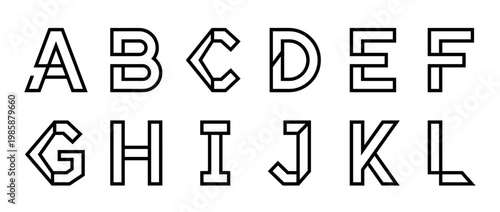 Geometric outline uppercase alphabet letters A through L with a modern, linear design, perfect for graphic design and creative projects.