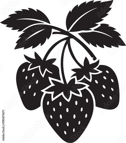 Clean black silhouette of strawberry cluster on stem