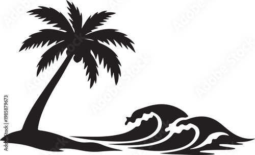 Clean black silhouette of palm tree leaning over beach waves