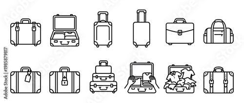 Luggage and travel bags icon set featuring various types of suitcases, trolleys, and duffle bags for journeys and vacations.