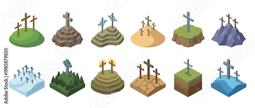 Isometric religious crosses on various terrains representing faith, spirituality, and remembrance in a diverse collection of illustrations.