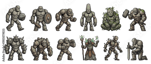 Stone golems fantasy characters with various poses and weapons for game design and mythical creature concepts.