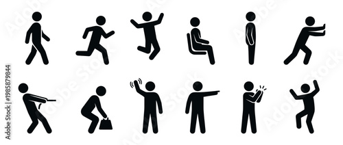 Stick figures performing various human actions and poses, including walking, running, jumping, sitting, pushing, pulling, and waving, depicted as simple black icons.