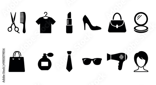 Fashion beauty accessories personal care shopping icons set for retail, style, and personal grooming related concepts.