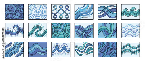 Abstract water wave patterns collection in various shades of blue and teal, depicting fluid motion and organic shapes for design.