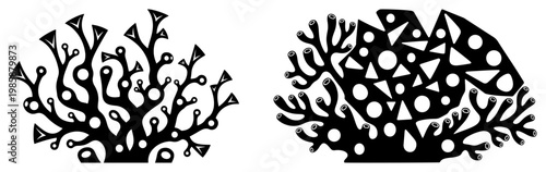 Stylized coral reef organic shapes with geometric patterns and branch structures