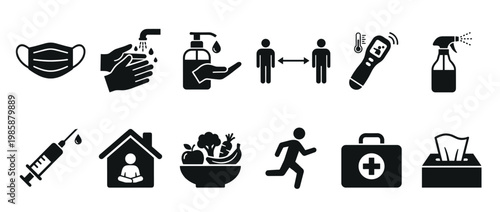 Health hygiene safety prevention icons set illustrating various measures for wellness, protection, and pandemic control.