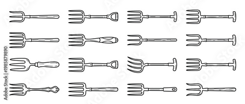 Seamless pattern of various hand-drawn garden forks and pitchforks, illustrating farming and horticulture equipment.