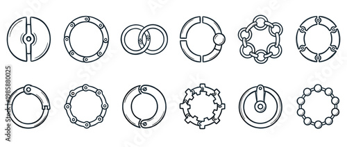 Collection of various circular mechanical and abstract ring-shaped icons presented in a hand-drawn doodle style.