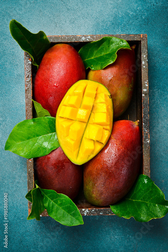 Fresh tropical fruits ripe mango with leaves in a wooden box. Top view. Fresh fruits.