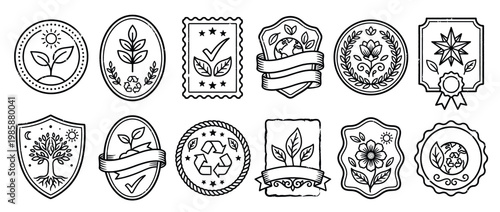 Collection of eco-friendly badges and nature-themed icons in black and white line art style for environmental and sustainable design.