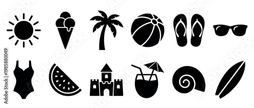 Collection of summer icons, beach elements, and vacation symbols representing holiday activities and tropical leisure.