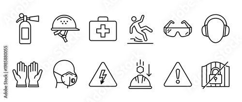 Safety icons and warning signs collection featuring personal protective equipment and hazard symbols for workplace protection and health.