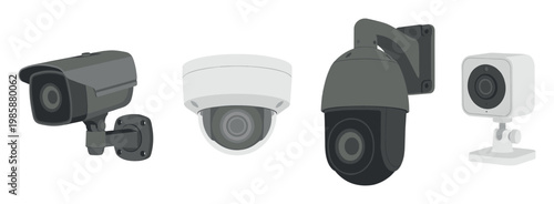 Security cameras set showing various types of modern surveillance equipment for home and business protection.