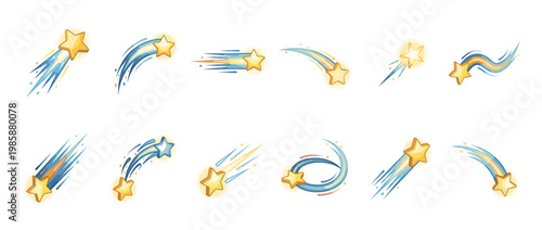 Collection of cartoon shooting stars with glowing trails in various dynamic motion designs, perfect for celestial and magical themes.