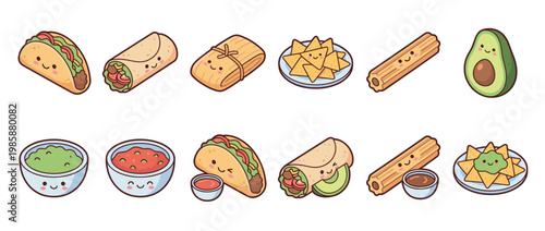 Cute cartoon Mexican food items including tacos, burritos, nachos, churros, and guacamole with happy smiling faces.