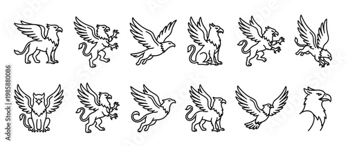 Collection of mythical griffin creatures depicted in various dynamic poses, showcasing their majestic and powerful forms as line art illustrations.
