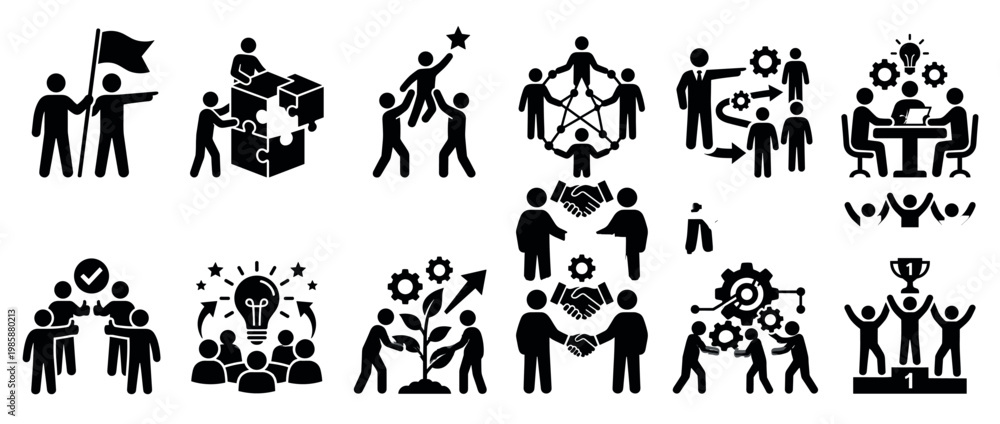 Obraz premium Business teamwork icons depicting collaboration, leadership, innovation, and success through various symbolic representations of corporate strategy and achievement.