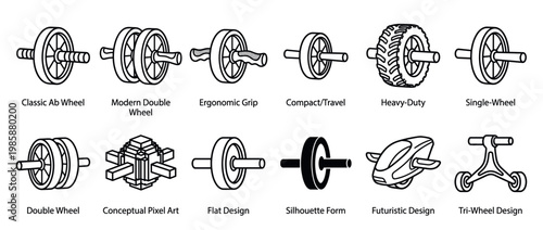 Collection of diverse ab wheels and ab rollers for fitness and core strength training, showcasing various designs and functionalities.