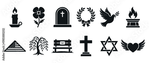 Various memorial and remembrance symbols such as a gravestone, candle, cross, and dove in a simple icon set.
