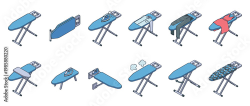 Ironing board icons set featuring various household laundry equipment and clothing items for domestic tasks and garment care.