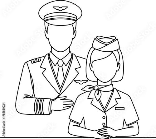 Airplane pilot and flight attendant crew line art illustration with attendant