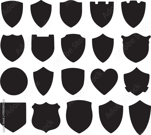 Collection of black shield silhouettes and crest shapes, diverse heraldic emblems vector illustration