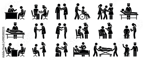 Stick figure icons depicting doctors, nurses, and patients in various medical examination and treatment scenarios.