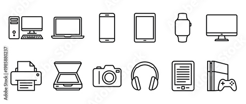 Electronic devices and gadgets line icons set, including computers, mobile phones, tablets, and other modern technology equipment.