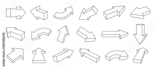 3D Arrow Vector Set. Hand-Drawn Style Directional Icons.